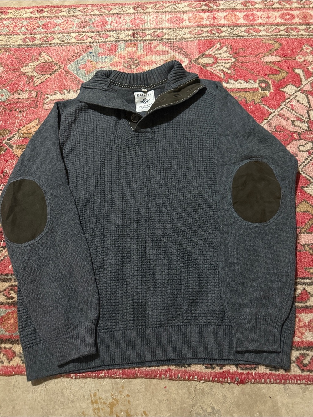 Bally Dark Blue Knit Zip-Up Sweater with Black Elbow Patches